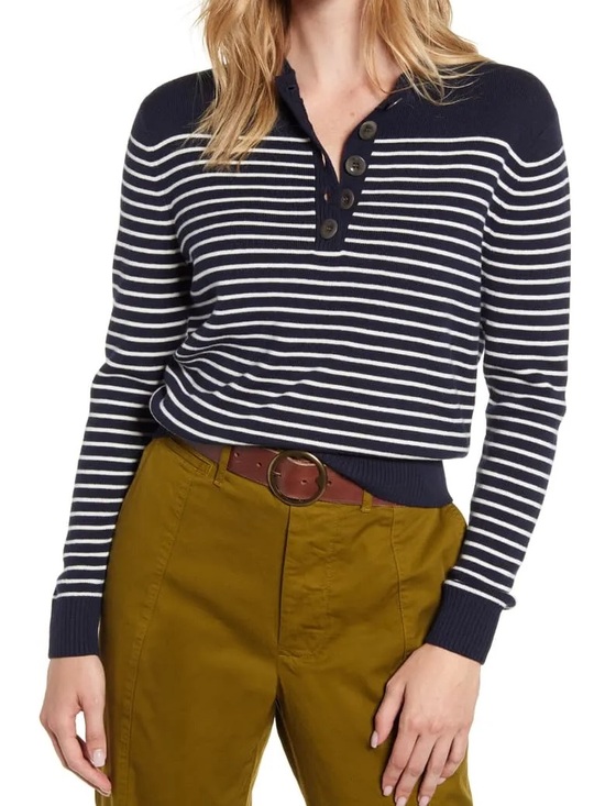 Alex Mill Sweaters - ALEX MILL • Marine Navy & White Striped Henley Sweater - Medium